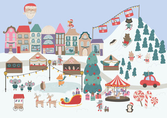 Vector illustration of a fabulous Christmas town. Christmas Fair on Town Square, street markets,ski resort and cute animals with winter activities