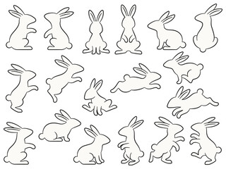 色々なポーズの白いウサギの線画つきイラストセット