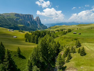 Sunny summer day in the Dolomites mountains on the Seiser Alm plateau. Rolling meadows and hills on a beautiful day. 