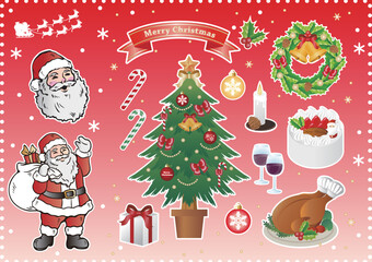 12月　クリスマス　飾り　ツリー　サンタクロース　ローストチキン　ケーキ　イラスト　セット