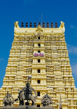 Ramanathaswamy temple tower. Ancient hindu temple tower against blue sky background.