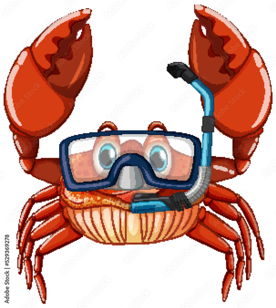 Wall mural Cute crab cartoon character wearing snorkeling goggles