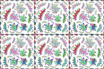 Seamless pattern with interesting doodles on colorfil background. Pano. Raster illustration.