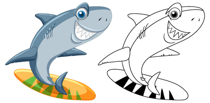 Shark cartoon character with its doodle outline surfing