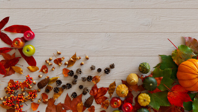 Autumn flat lay with leaves, Pumpkins and Fruits. Thanksgiving concept with copy space.