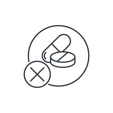 Pills and a button with a cross. Contraindicated drugs. Vector linear icon isolated on white background.