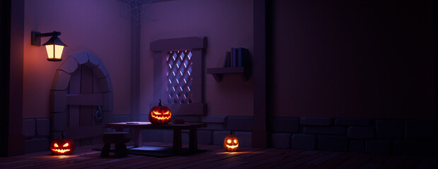 Magical Halloween Illustration with Moonlit Table, Candles and Pumpkin Lanterns. Halloween banner with copy-space.