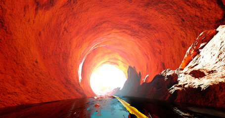 3d rendering. An illustration of a road in a tunnel through a rock or mountain with sunlight at the end. Abstract image.