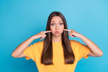 Fototapeta premium Photo of adorable good looking lady show point her lips cheeks botox filler injection isolated on blue color background