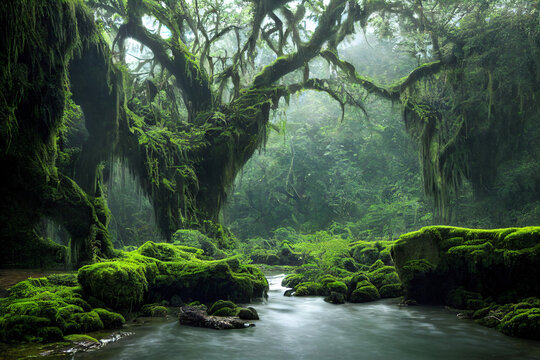 amazon rainforest, tropical vegetation with old trees, jungle landscape with creek, rocks overgrown with moss, riverbank plants and lianas, fictional landscape created with generative ai