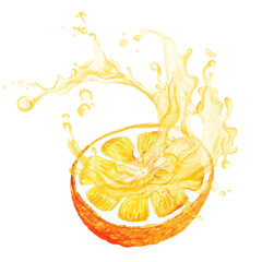 Half of orange fruit with splash of juice