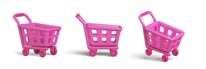 Set of pink trolley shopping cart on transparent background, 3D rendering illustration © sofirinaja