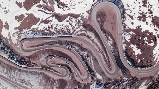 Overhead View Of Serpentine Road Of Paso Internacional Los Libertadores Mountain Pass In Chile. Aerial Drone Shot