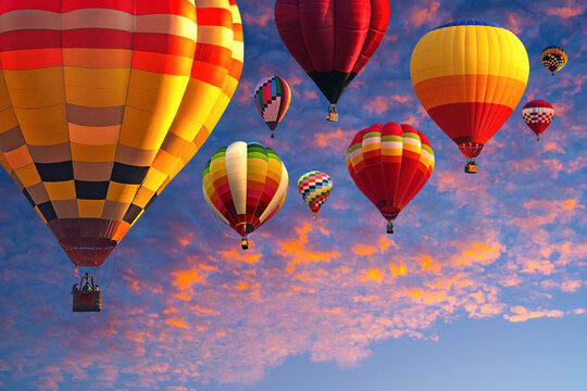 Hot Air Balloos Above Golden Clouds At Sunset, Colorful Hot Air Balloons Over Orange Sky. Hot Air Ballons Over Colorful Cloudy Sky