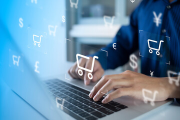 Businessman using computer and touch virtual screen online shopping. And online payment option or digital wallet online transaction concept.