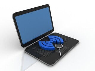 3d illustration WiFi symbol with laptop near lens
