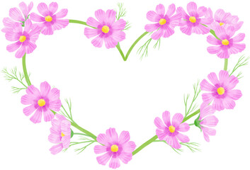 Fototapeta premium 水彩で描いたコスモスのハート型リース／Cosmos flower wreath painted by watercolor