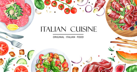 Italian cuisine top view frame. Food menu design template