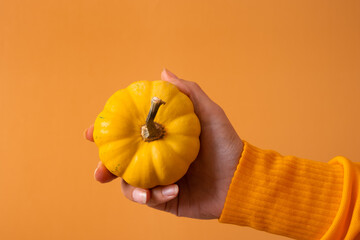 A small decorative orange pumpkin in a woman's hand in a sweater on an orange background.