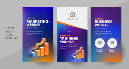 Business webinar social media story template. Background and illustration for social media banner post design in vector. Editable layout with a place for pictures.