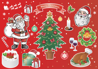 12月　クリスマス　飾り　クリスマスツリー　サンタクロース　ローストチキン　ケーキ　イラスト　セット