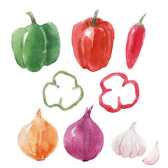Beautiful stock clip art illustration set with hand drawn watercolor tasty bell and chili pepper onion garlic vegetable. Healthy vegan food.