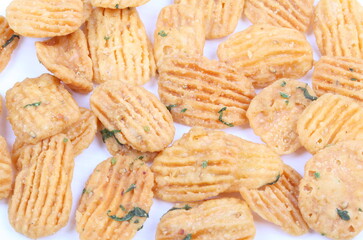 thai dessert called krong-krang-krob or crispy pastry isolated on white background