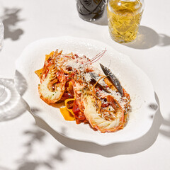 Italian cuisine - seafood pasta with shrimp and mussels in tomato sauce. Pappardelle with seafood and marinara sauce on summer day. Fine dining. Seafood pasta with langoustine and mussels.