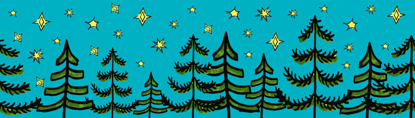 Obraz premium Christmas green trees vector border. Seamless pattern hand drawn doodle trees green, night and stars. Decorative Winter holiday sketch