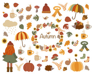 Cozy autumn set with isolated pictures