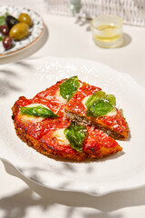Traditional italian dish - milanese steak in breaded and parmesan on white ceramic plate. Milanese beef with tomato sauce and basil. Italian beef steak alla schnitzel with bone. Italian chop beef.