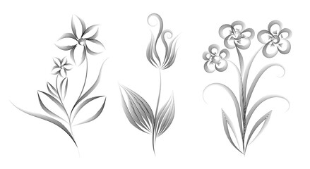 Set of Black flowers sketch drawing with line art on white backgrounds.