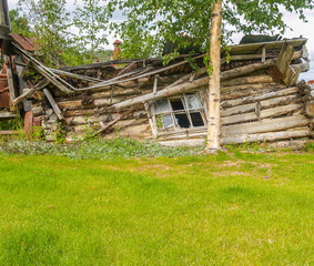 Remains of old log cabin falling down in green field.