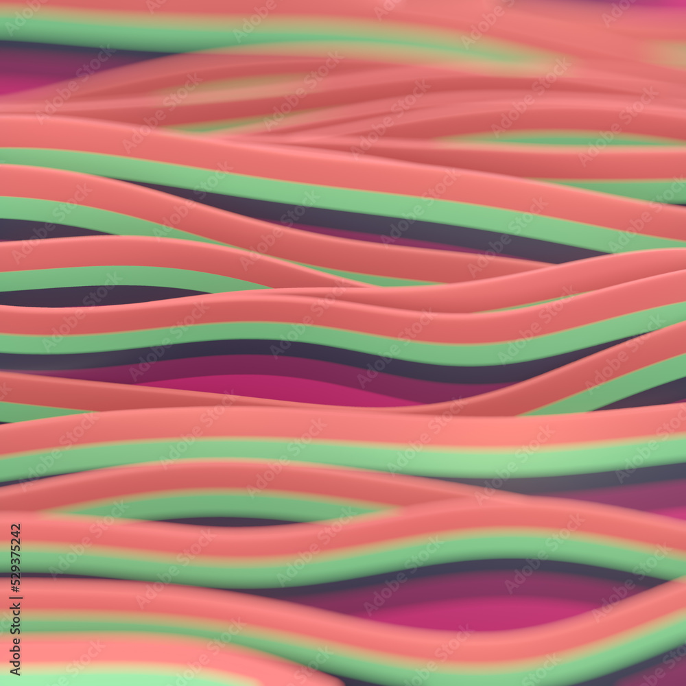 Poster Psychedelic wave background, horizontal waves with trendy gradient. 3d rendering liquid flow effect Digital illustration