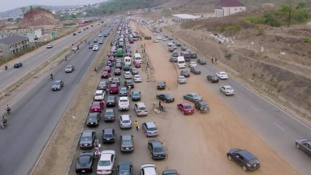 Drone Aerial view of the traffic and congestion Africa road
