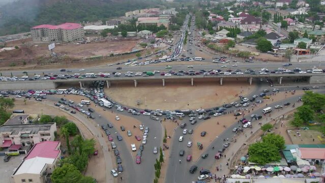 Drone Aerial view of the traffic and congestion Africa road