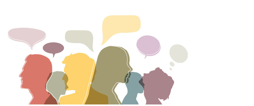 Man and woman head silhouettes with colorful speech bubbles