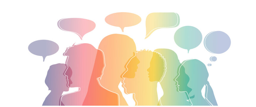 Man and woman head silhouettes with colorful speech bubbles