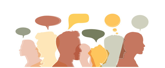 Man and woman head silhouettes with colorful speech bubbles