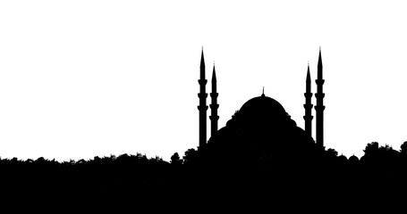 Cityscape of Istanbul with silhouettes of ancient mosques and minarets at sunset