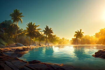 Traumhafter Strand mit Palmen an einem idyllischen See im Cartoon Style