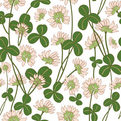Clower with flowers. Botanical seamless vector pattern. Wildflowers on yellow background. Blooming field. Hand drawn
