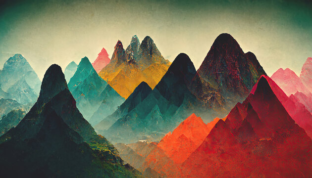Peinture d'un paysage aux montagnes colorées