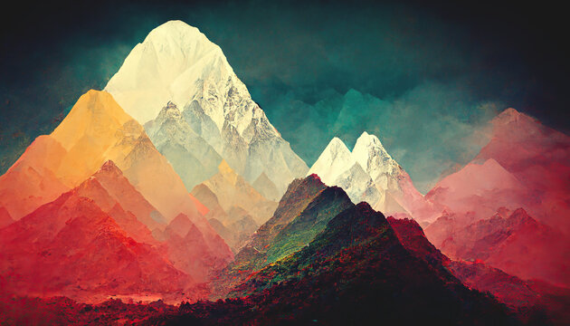 Peinture d'un paysage aux montagnes colorées