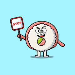 Cute Cartoon mascot illustration rice sushi rolls sashimi with stop sign board vector drawing 