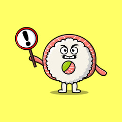 Cute cartoon illustration rice sushi rolls sashimi with exclamation sign board 