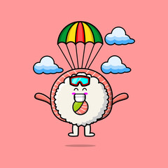 Naklejka premium Cute mascot cartoon Rice sushi rolls sashimi is skydiving with parachute and happy gesture 