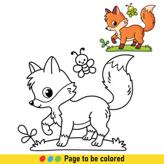 Coloring book with a little fox in a cartoon style. Black and white illustration