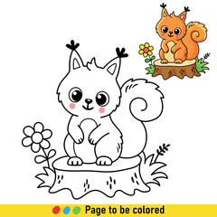Coloring book with a little squirrel in cartoon style. Black and white illustration