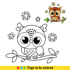 Coloring book with little owl in cartoon style. Black and white illustration